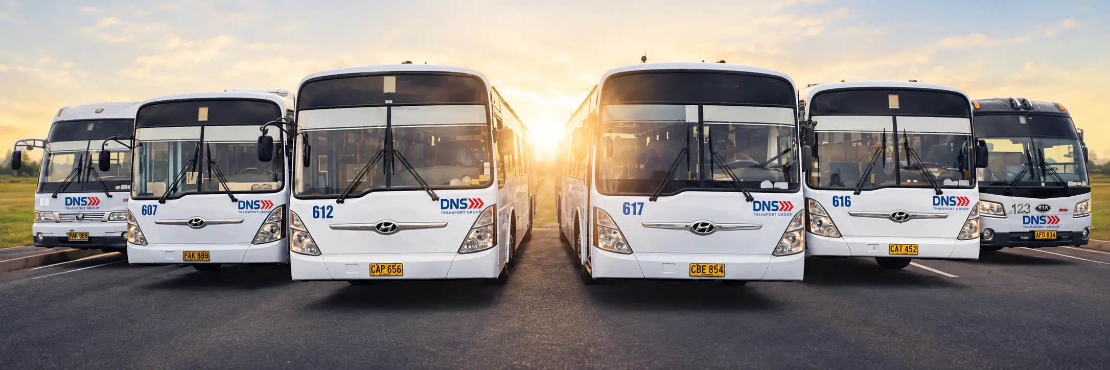 Employee shuttle buses lined up for operations
